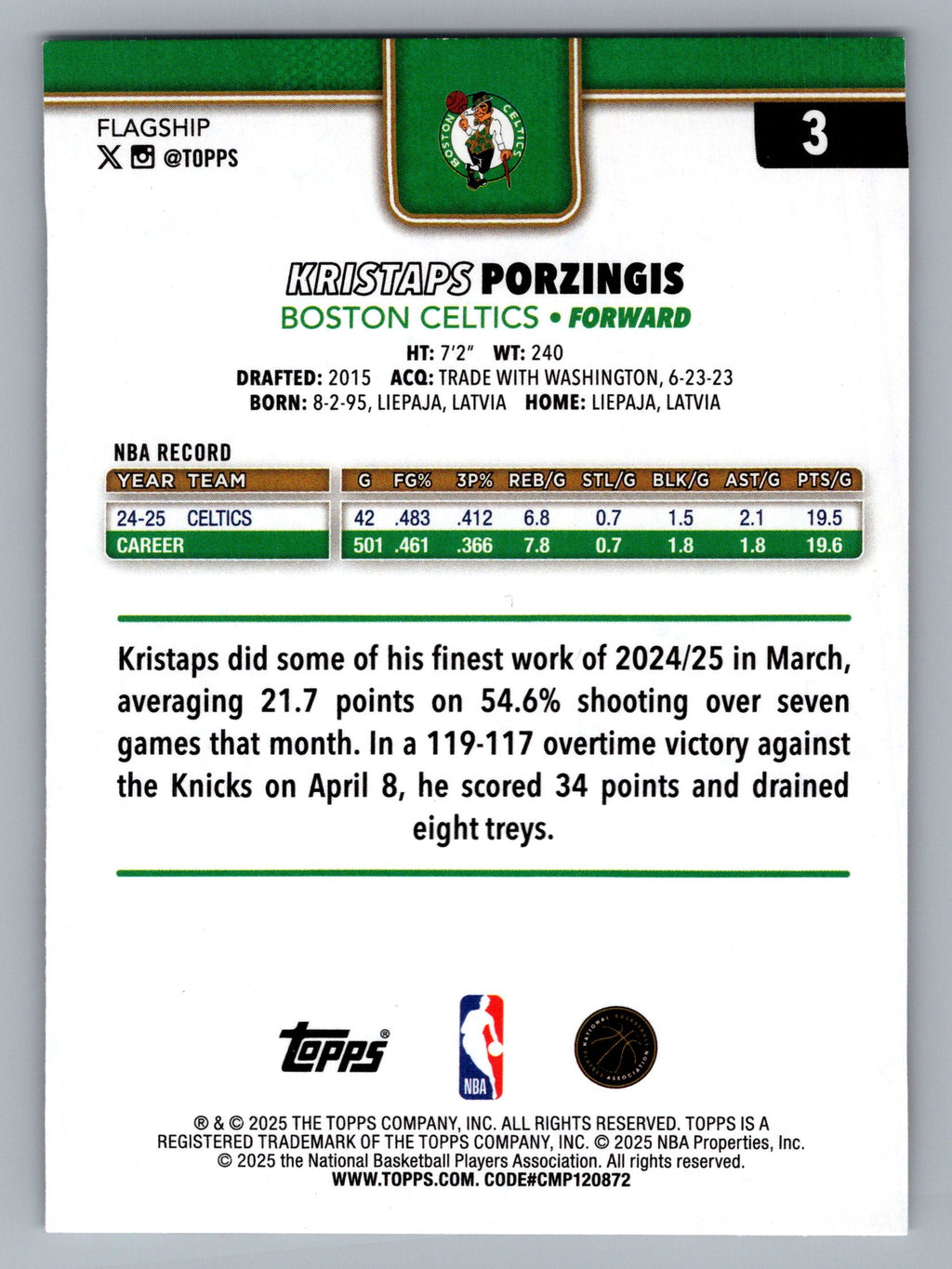 2025-26 Topps #3 Kristaps Porzingis Season Tip Off