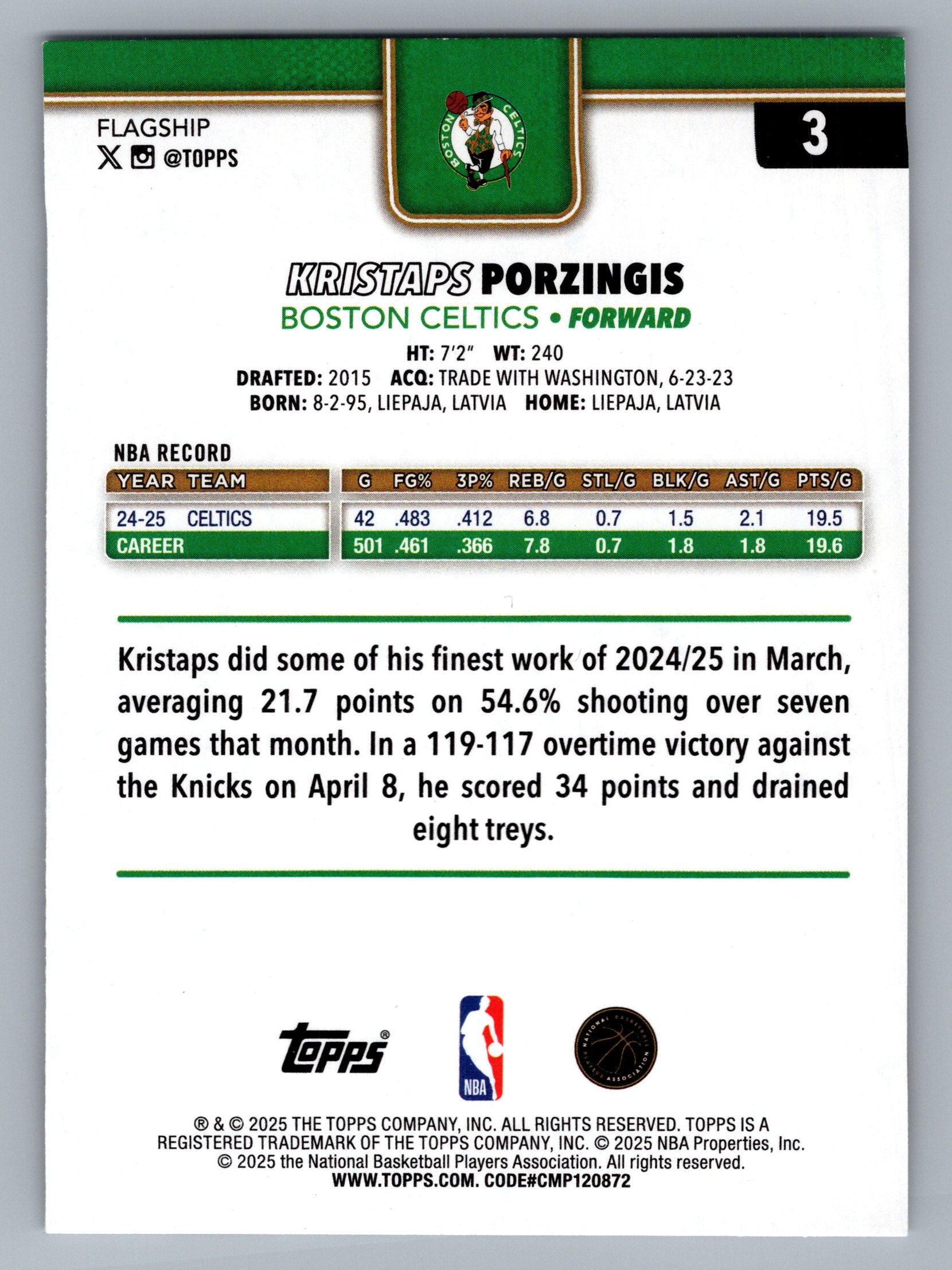 2025-26 Topps #3 Kristaps Porzingis Season Tip Off
