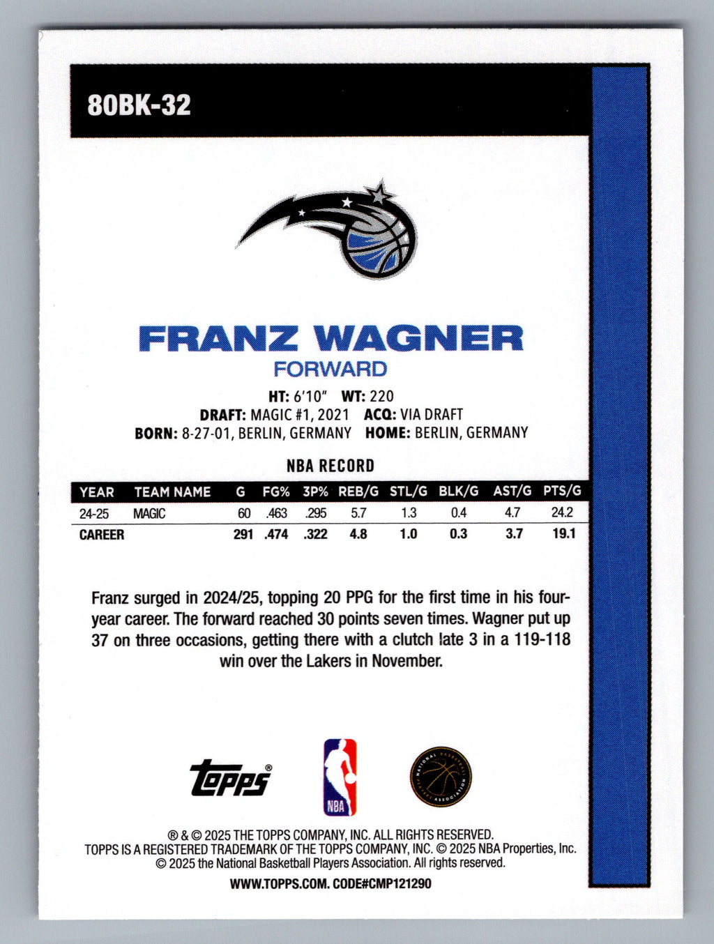 2025-26 Topps #80BK-32 Franz Wagner 1980-81 Topps Basketball