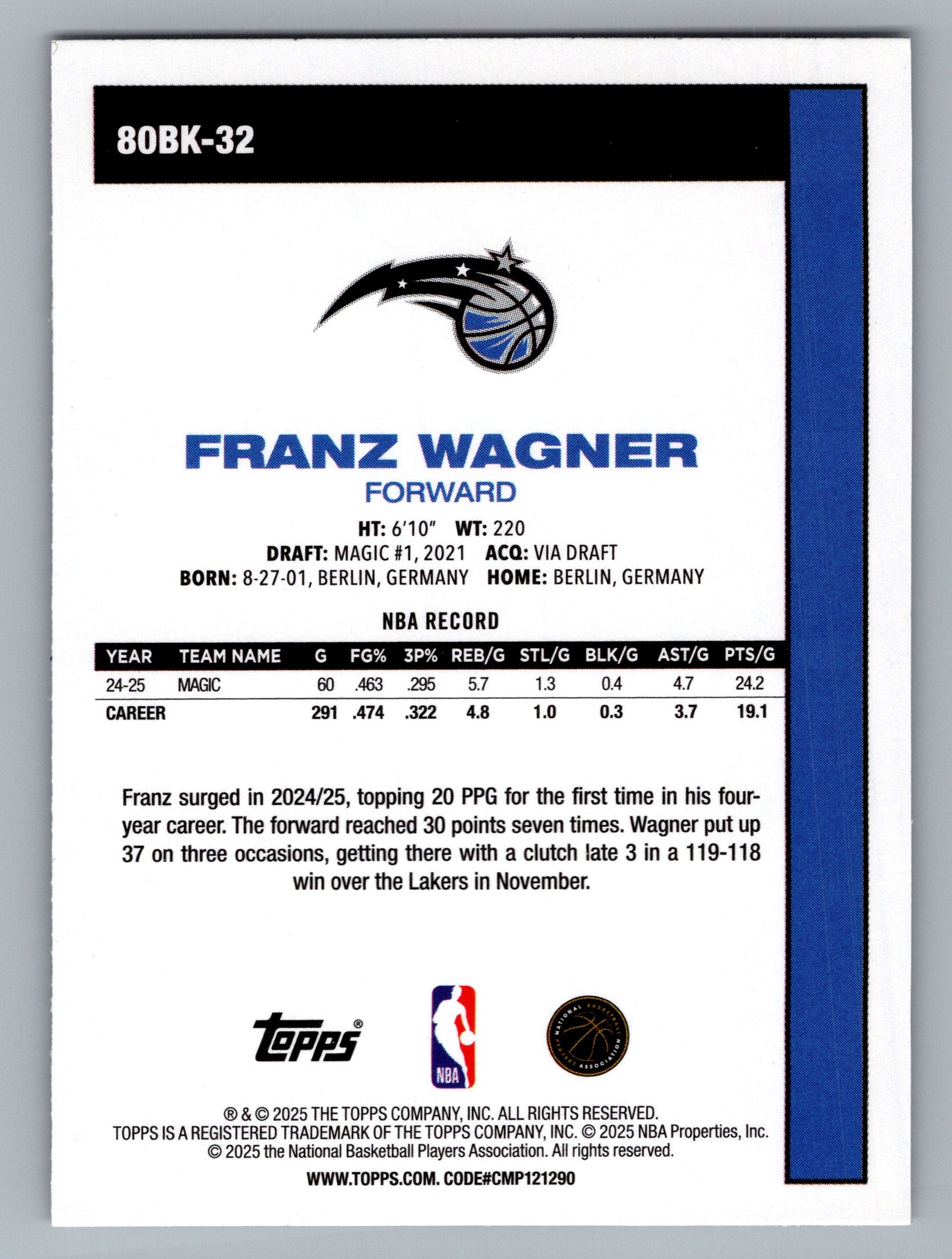 2025-26 Topps #80BK-32 Franz Wagner 1980-81 Topps Basketball