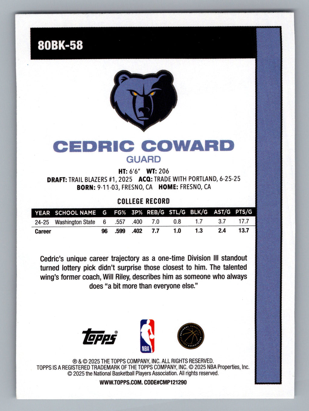2025-26 Topps #80BK-58 Cedric Coward 1980-81 Topps Basketball