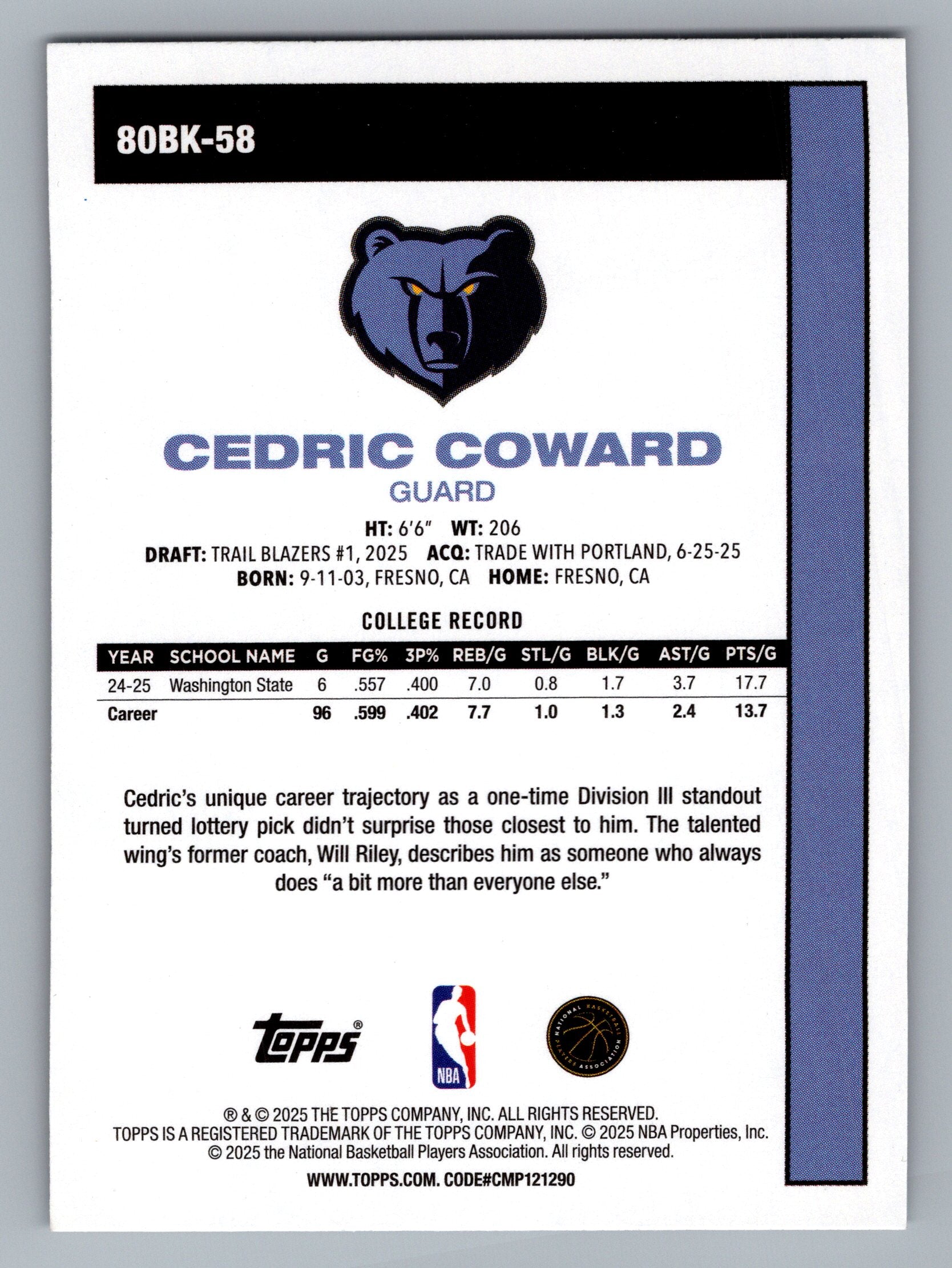 2025-26 Topps #80BK-58 Cedric Coward 1980-81 Topps Basketball