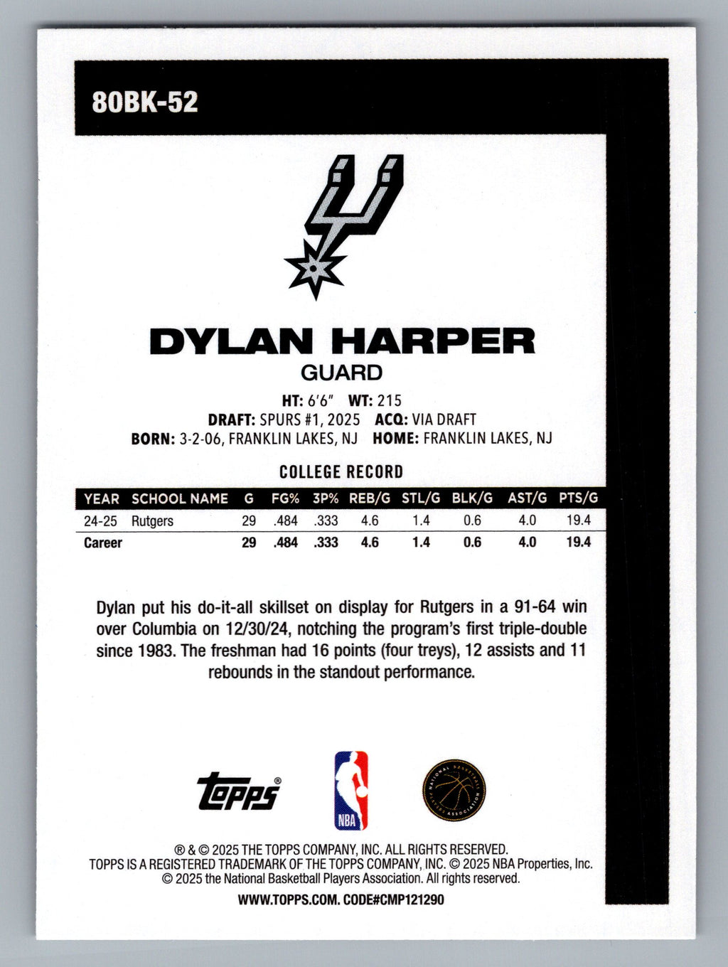 2025-26 Topps #80BK-52 Dylan Harper 1980-81 Topps Basketball