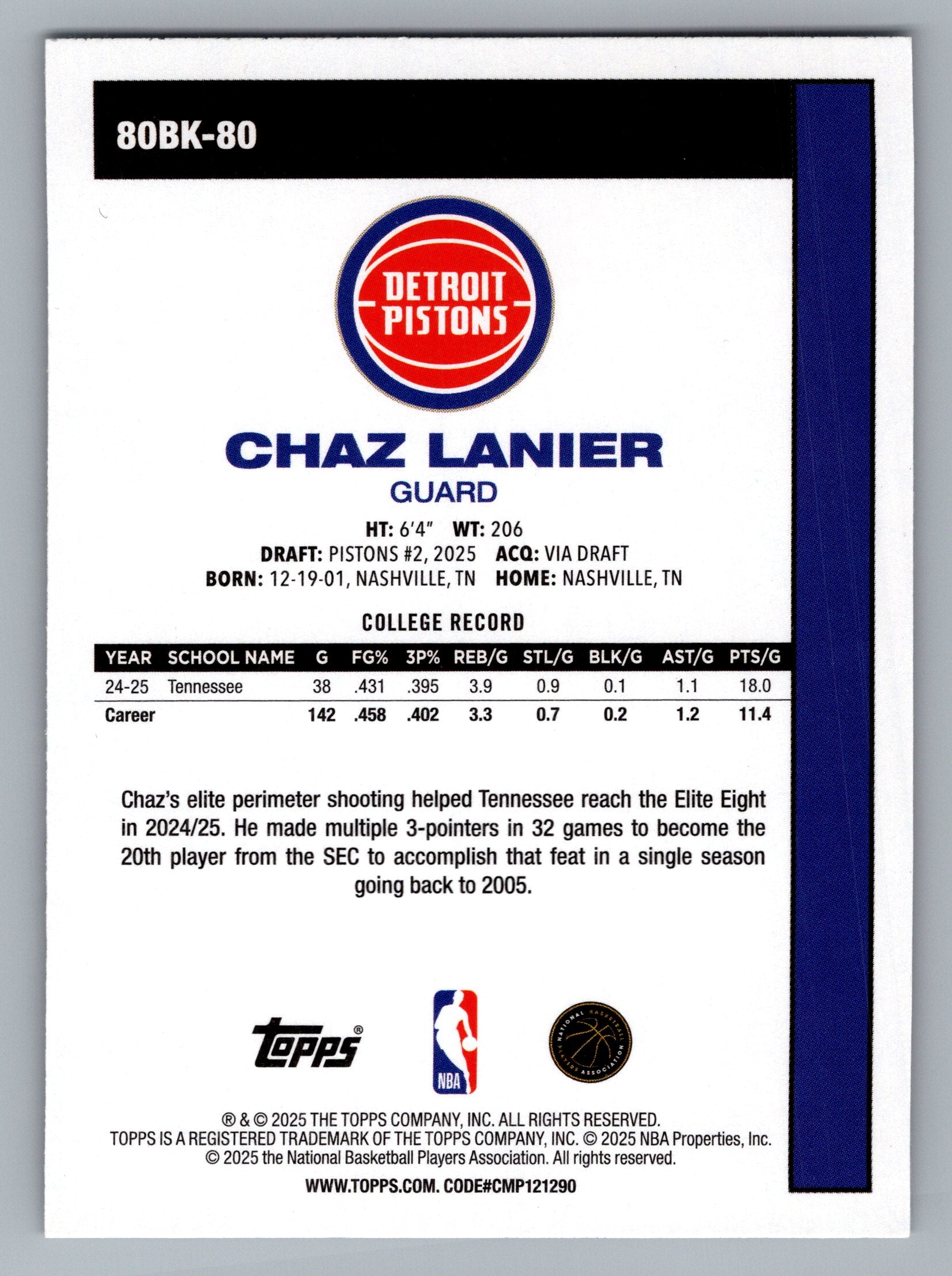 2025-26 Topps #80BK-80 Chaz Lanier 1980-81 Topps Basketball