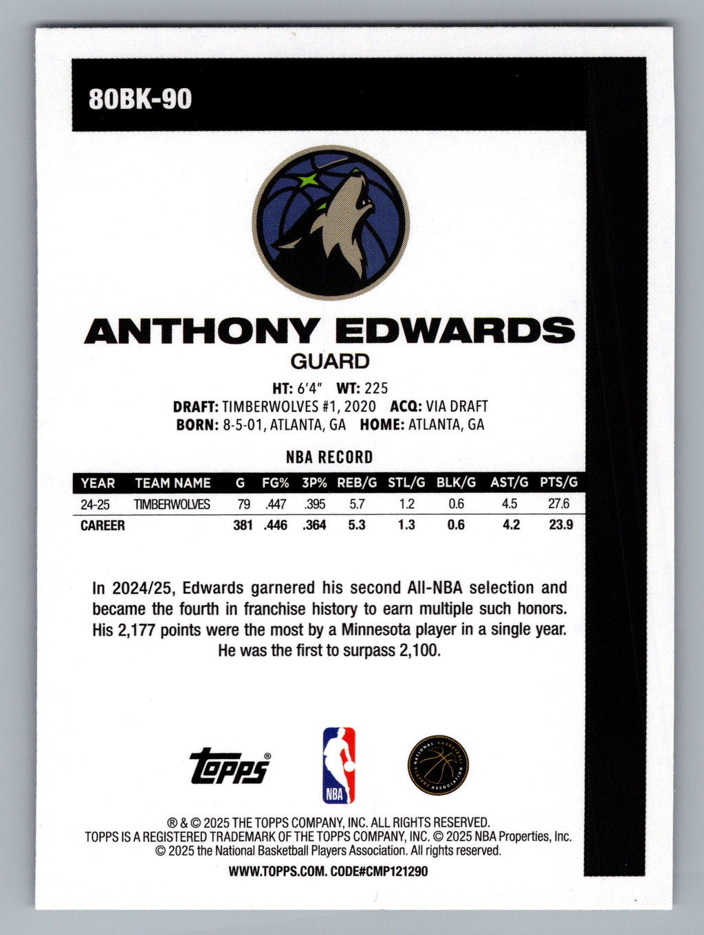 2025-26 Topps #80BK-90 Anthony Edwards 1980-81 Topps Basketball