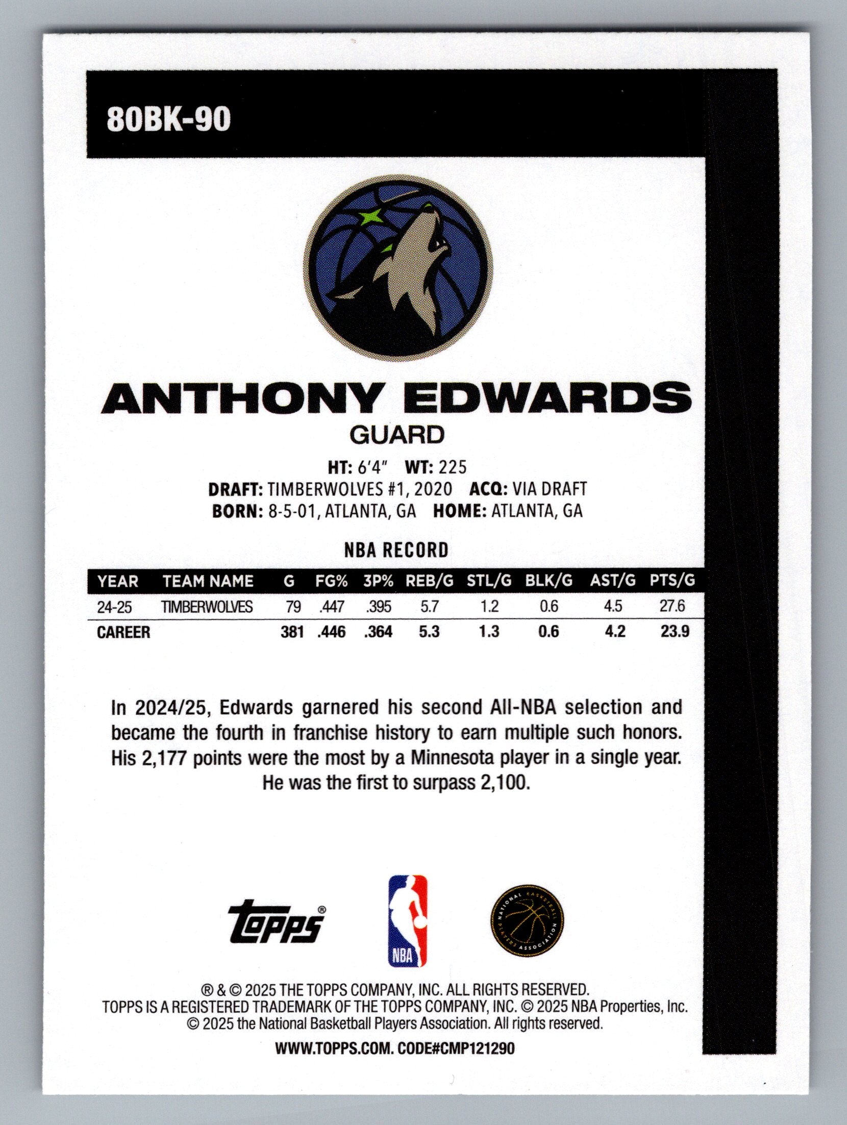2025-26 Topps #80BK-90 Anthony Edwards 1980-81 Topps Basketball