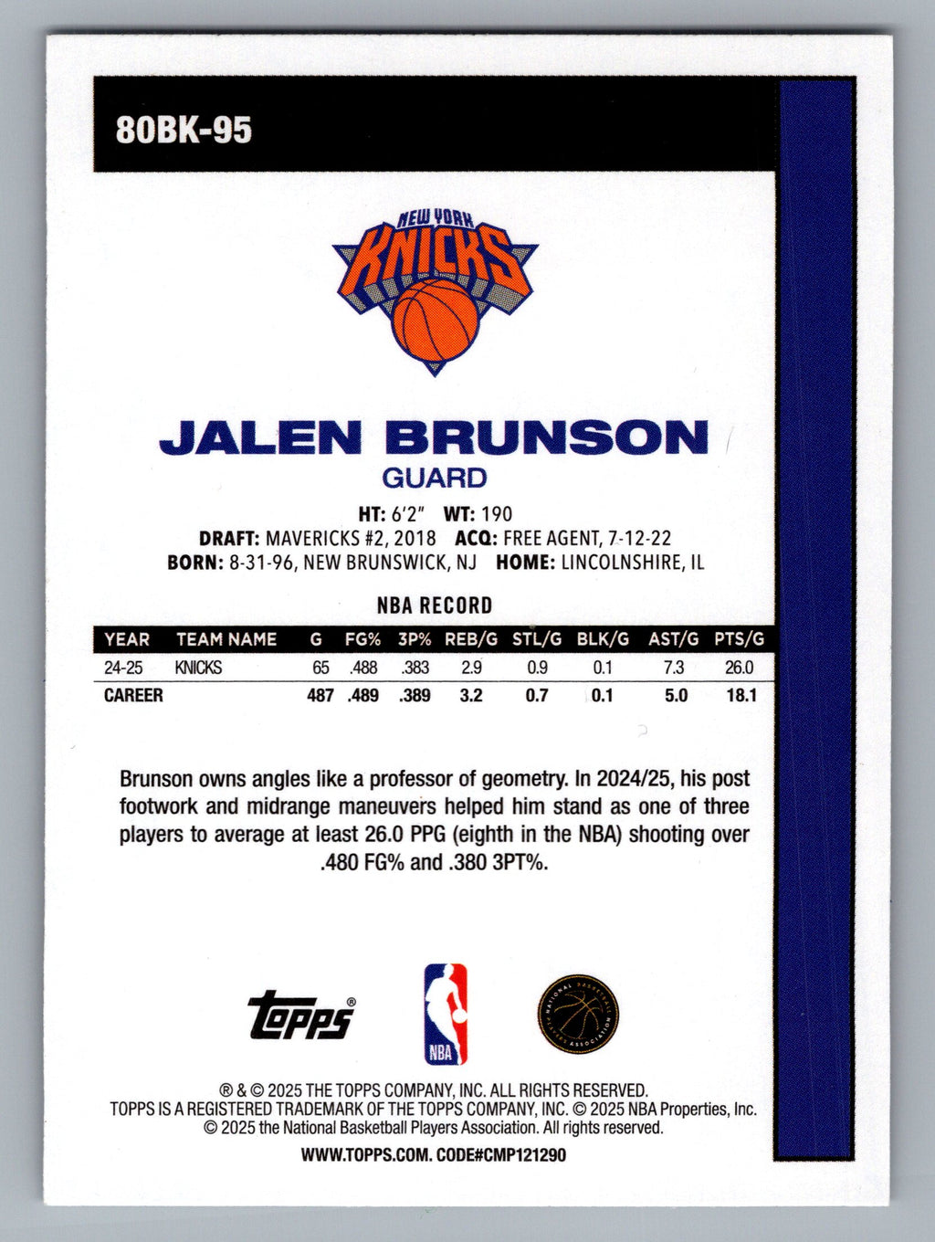 2025-26 Topps #80BK-95 Jalen Brunson 1980-81 Topps Basketball