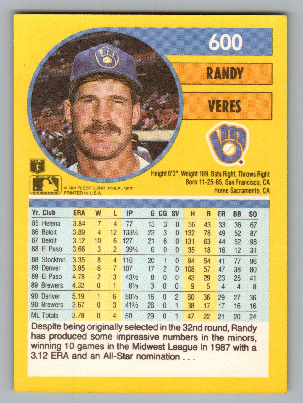 1991 Fleer #600 Randy Veres