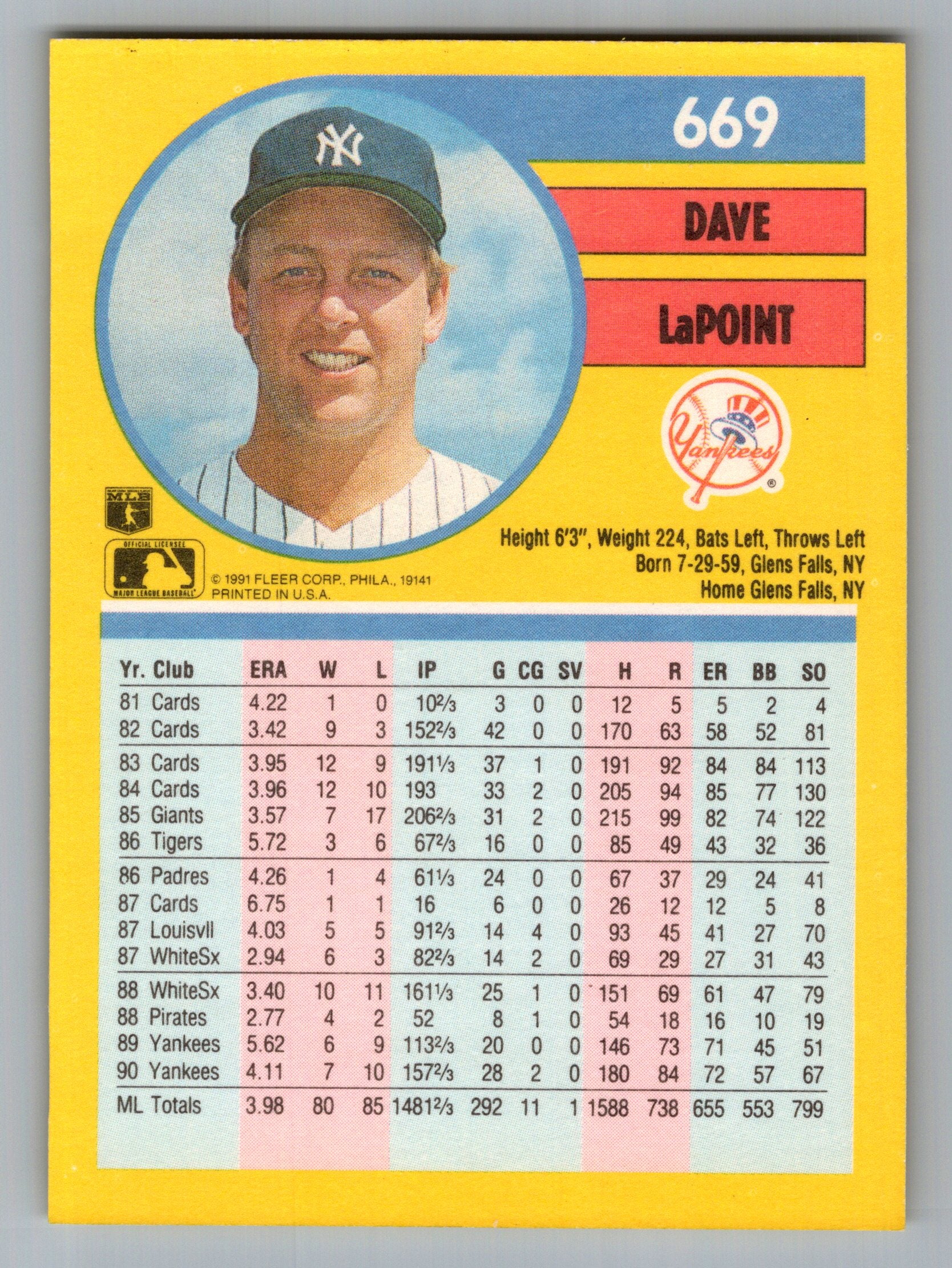 1991 Fleer #669 Dave LaPoint
