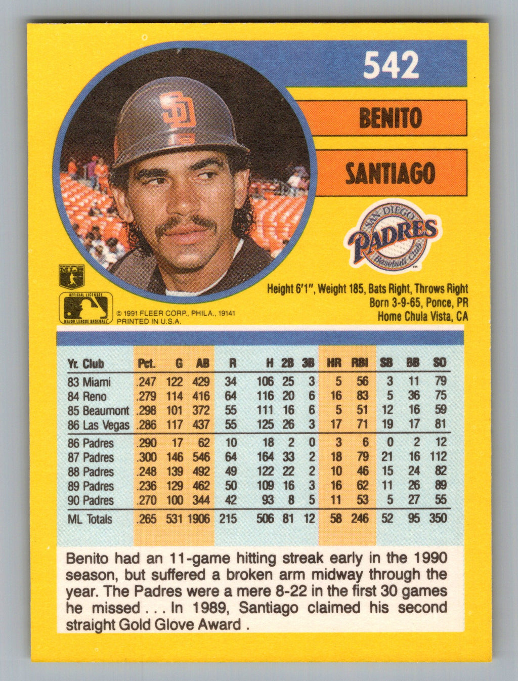 1991 Fleer #542 Benito Santiago