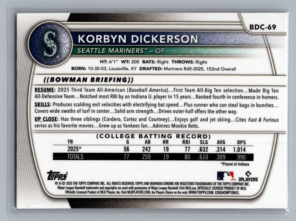 2025 Bowman Draft #BDC-69 Korbyn Dickerson Chrome