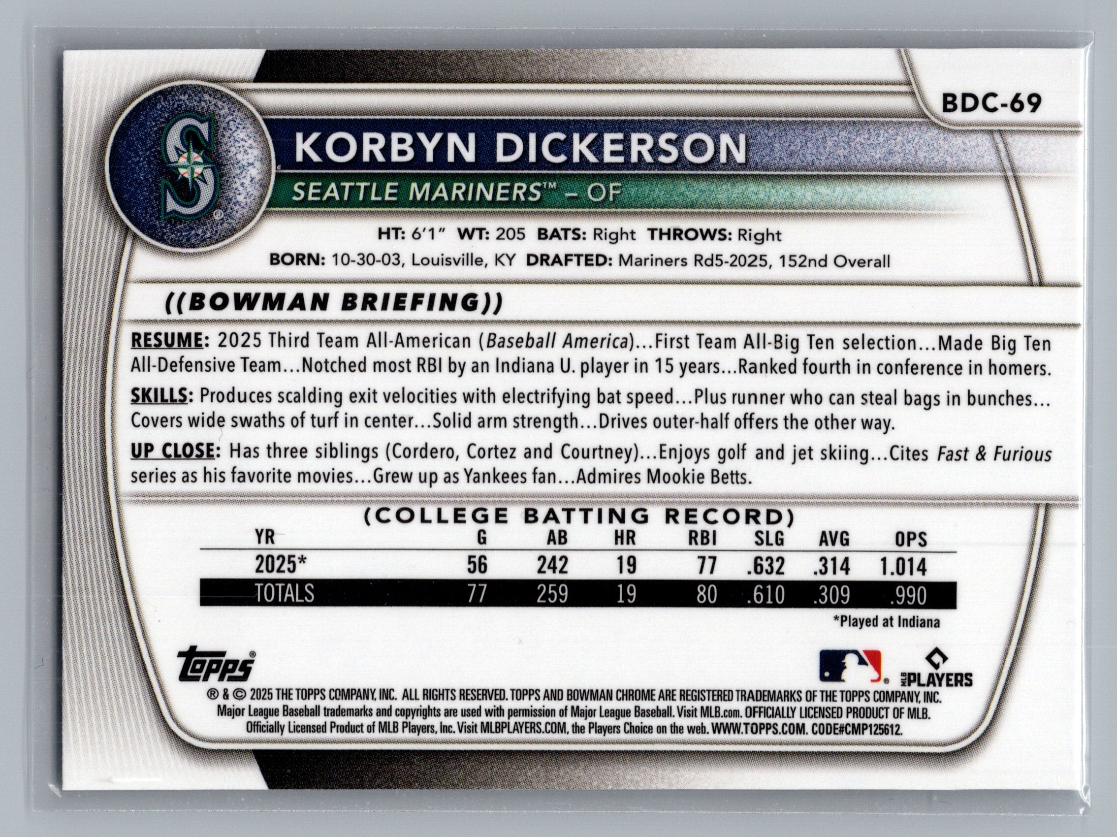 2025 Bowman Draft #BDC-69 Korbyn Dickerson Chrome