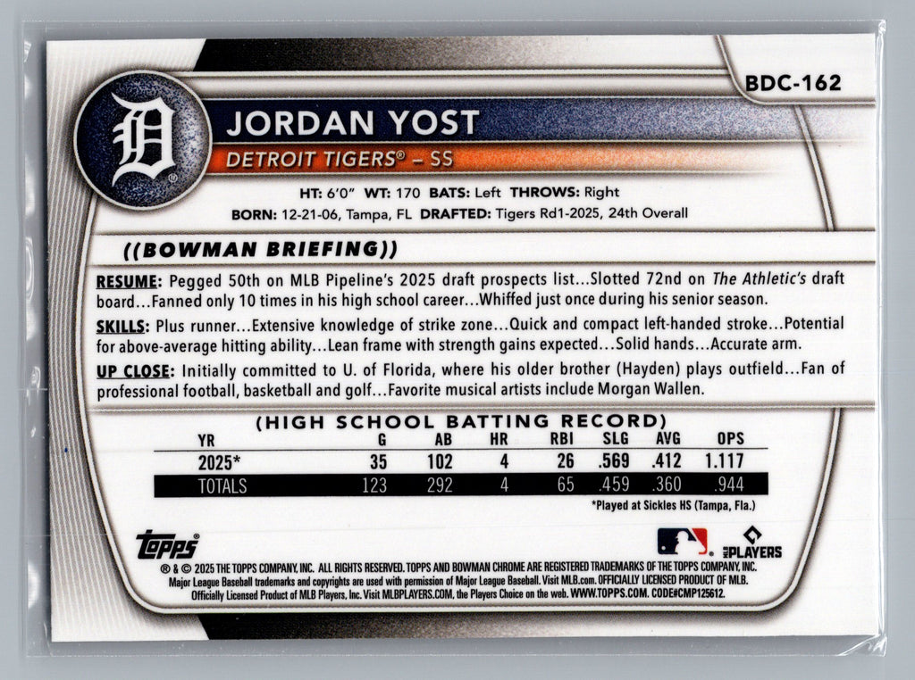 2025 Bowman Draft #BDC-162 Jordan Yost Chrome Laser Refractor