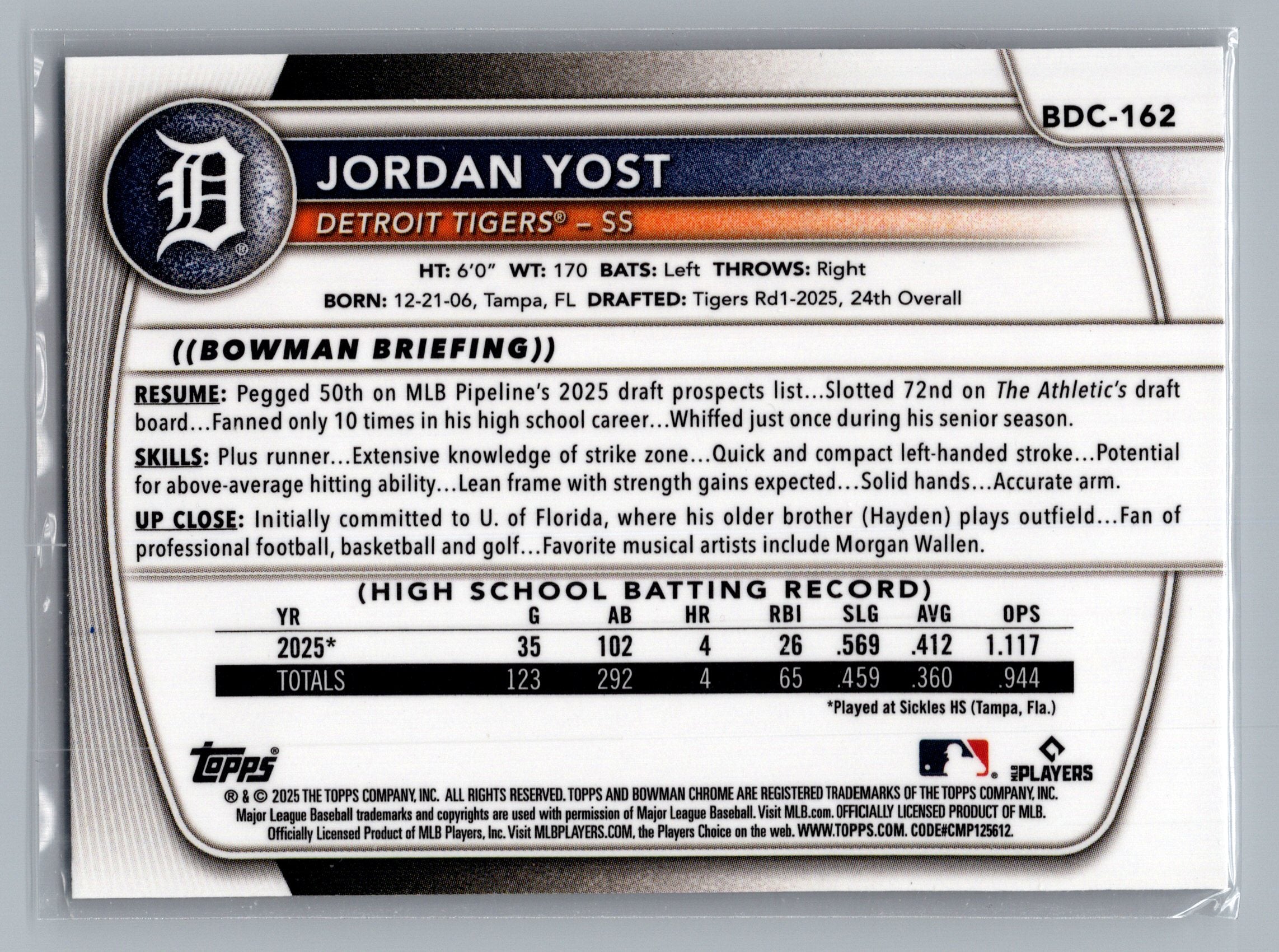 2025 Bowman Draft #BDC-162 Jordan Yost Chrome Laser Refractor