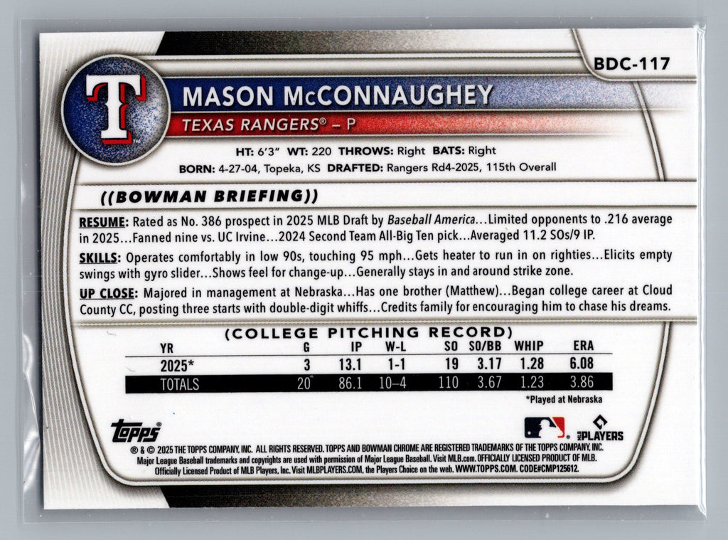 2025 Bowman Draft #BDC-117 Mason McConnaughey Chrome