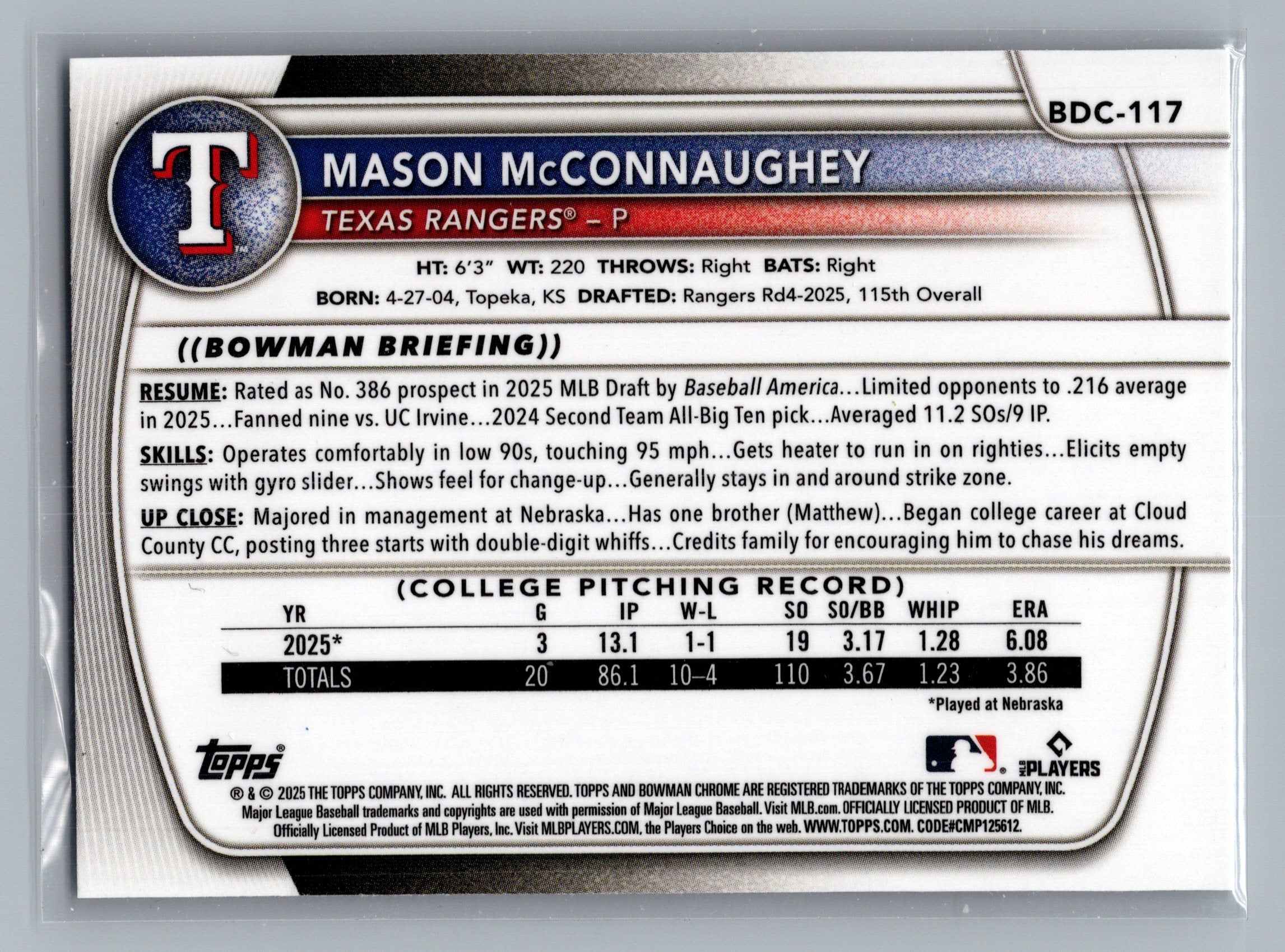 2025 Bowman Draft #BDC-117 Mason McConnaughey Chrome
