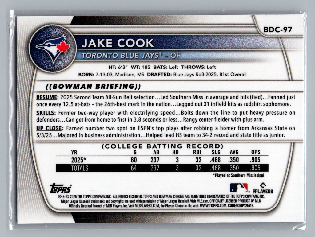 2025 Bowman Draft #BDC-97 Jake Cook Chrome