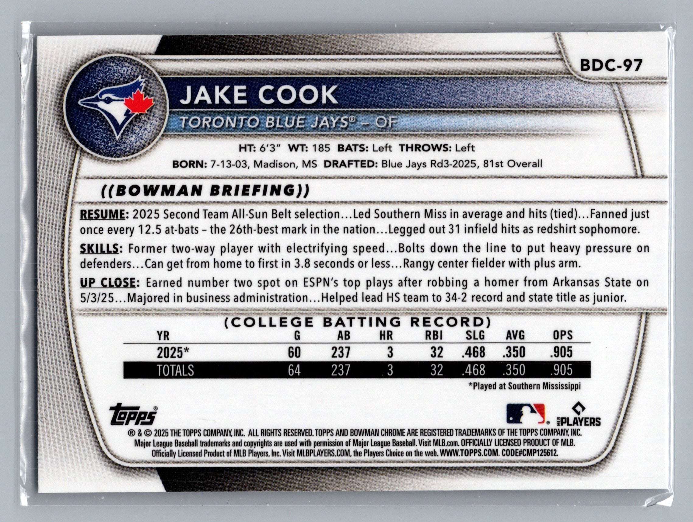 2025 Bowman Draft #BDC-97 Jake Cook Chrome
