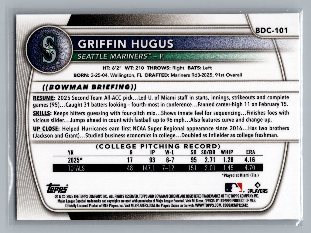 2025 Bowman Draft #BDC-101 Griffin Hugus Chrome