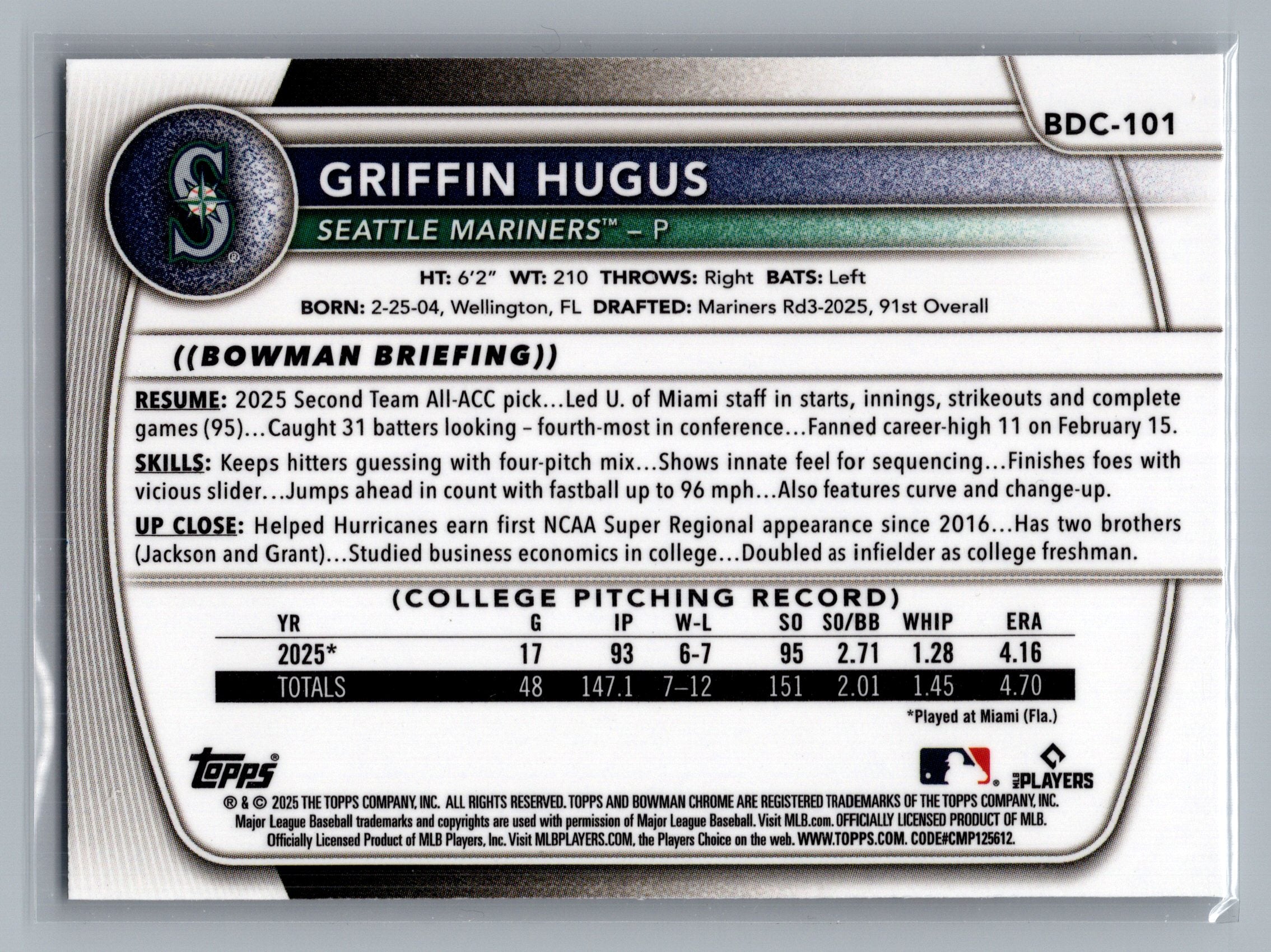 2025 Bowman Draft #BDC-101 Griffin Hugus Chrome