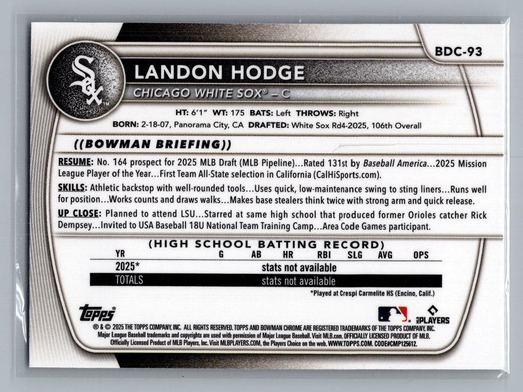 2025 Bowman Draft #BDC-93 Landon Hodge Chrome