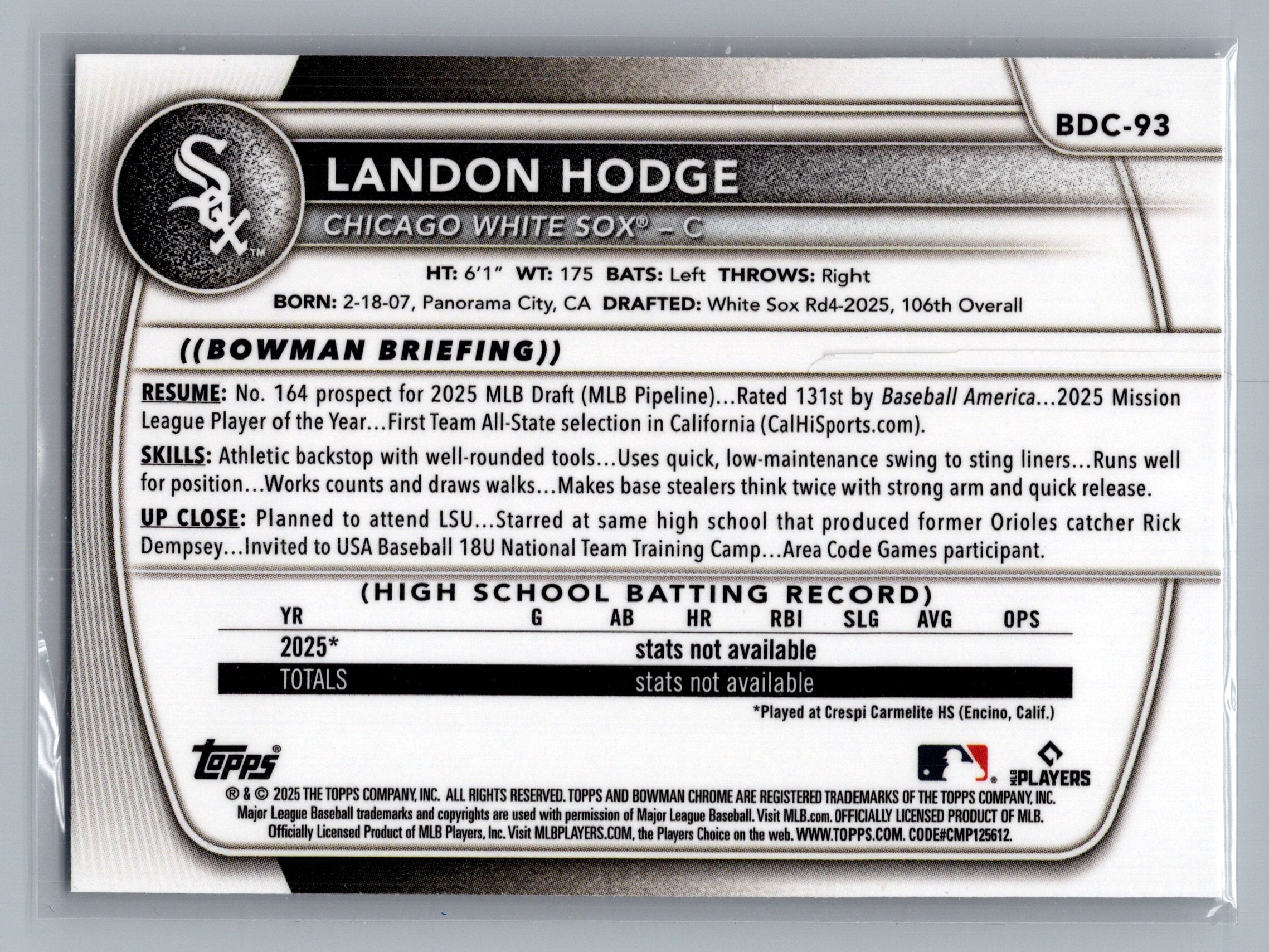 2025 Bowman Draft #BDC-93 Landon Hodge Chrome