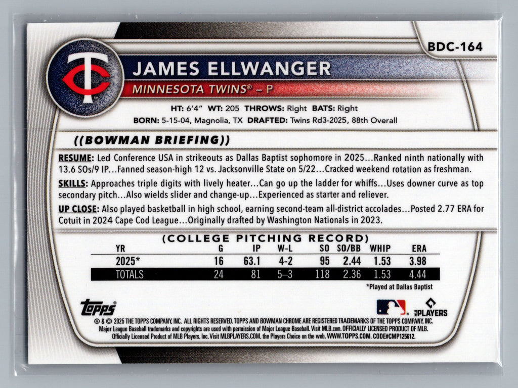 2025 Bowman Draft #BDC-164 James Ellwanger Chrome