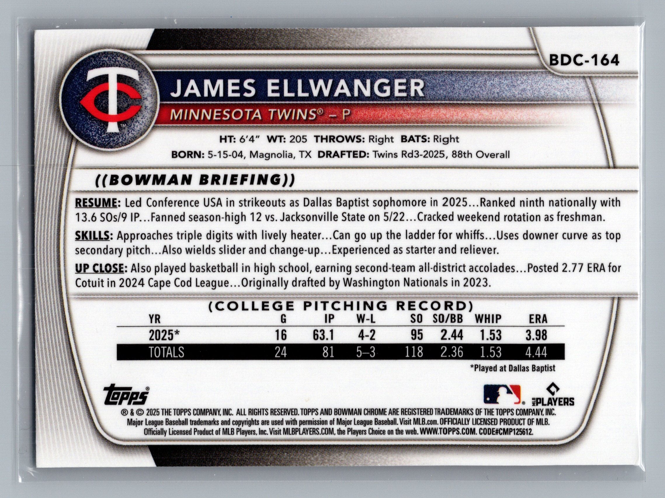2025 Bowman Draft #BDC-164 James Ellwanger Chrome