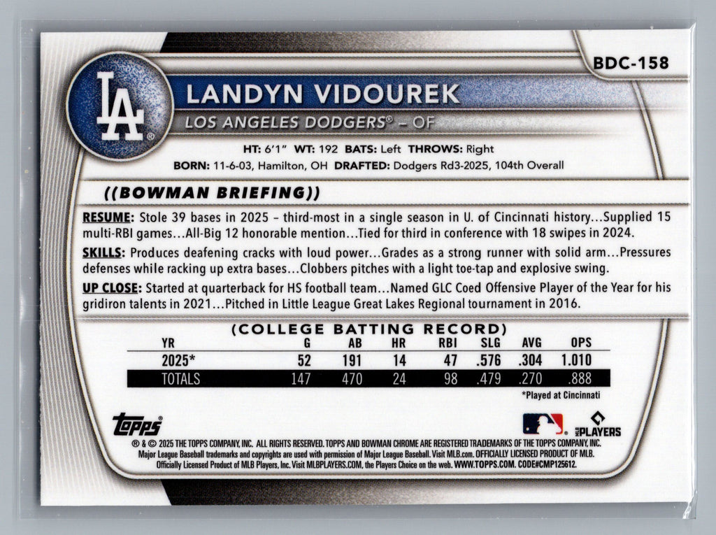 2025 Bowman Draft #BD-158 Landyn Vidourek