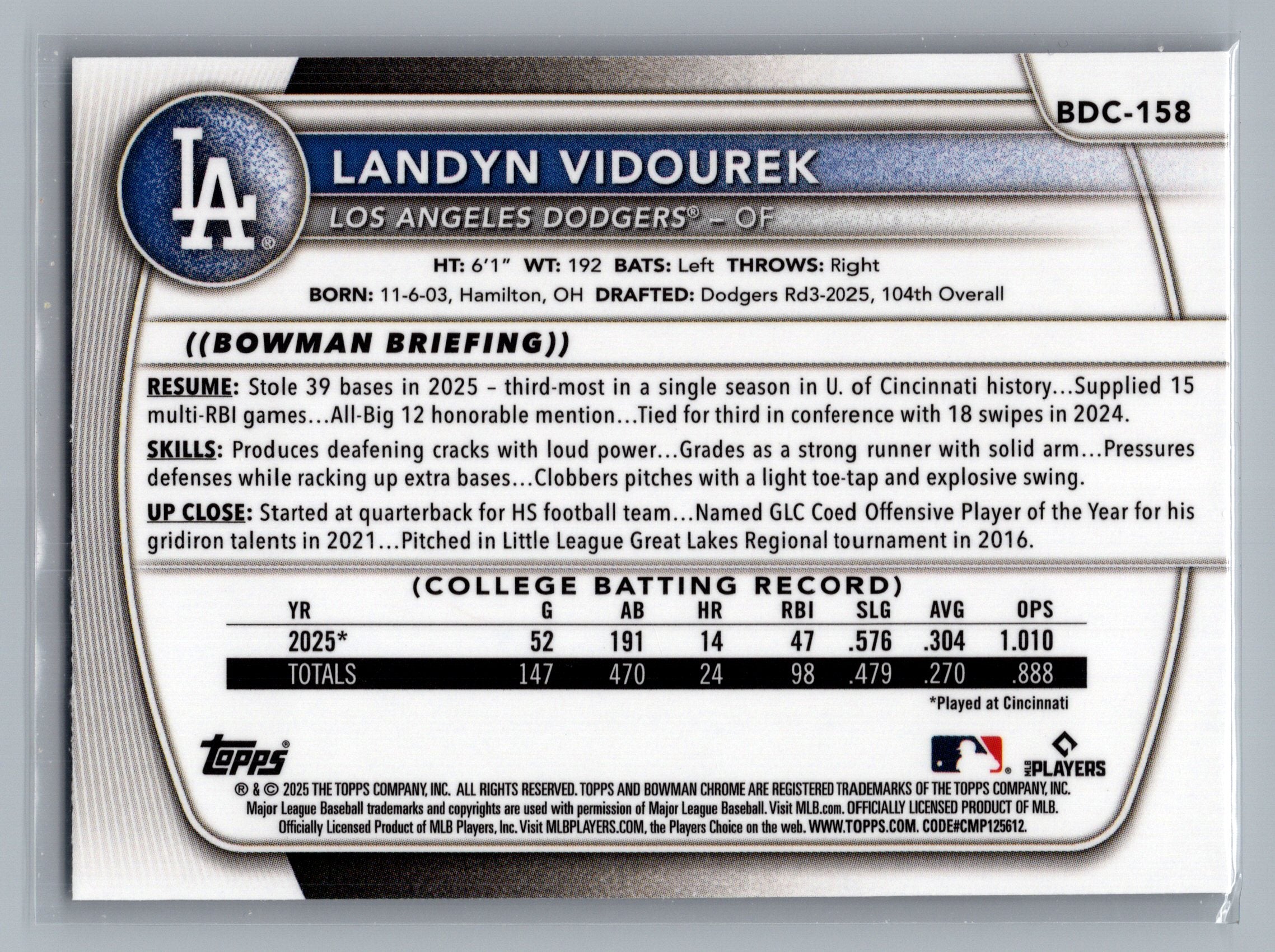 2025 Bowman Draft #BD-158 Landyn Vidourek