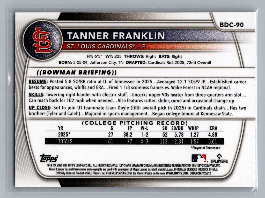 2025 Bowman Draft #BDC-90 Tanner Franklin Chrome
