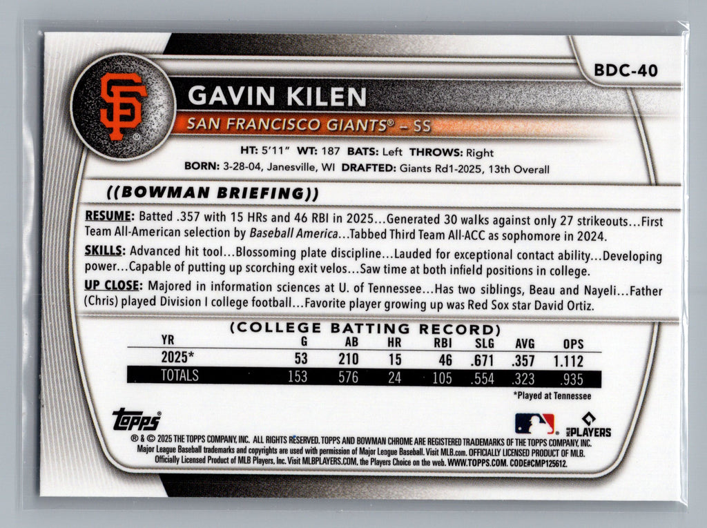 2025 Bowman Draft #BDC-40 Gavin Kilen Chrome