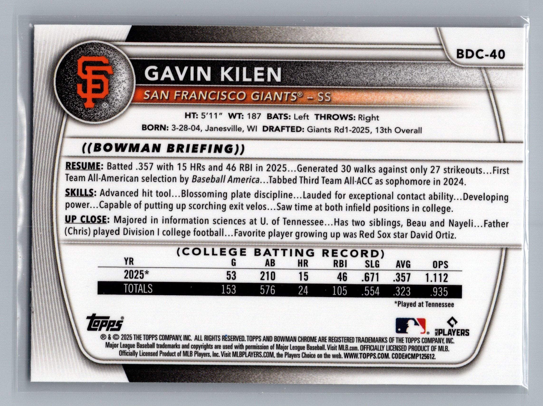2025 Bowman Draft #BDC-40 Gavin Kilen Chrome