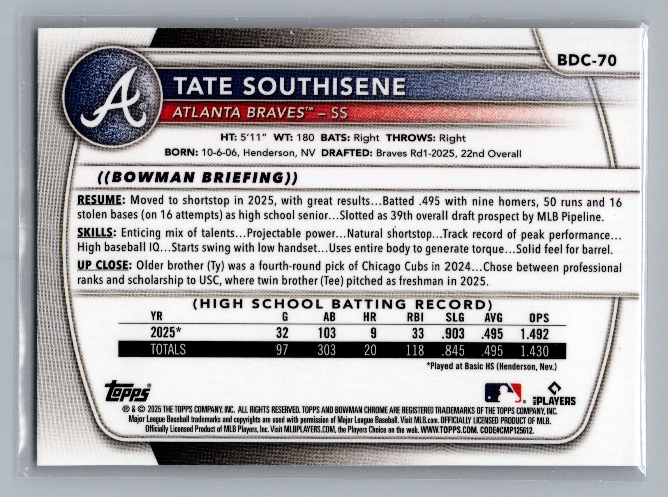 2025 Bowman Draft #BDC-70 Tate Southisene Chrome