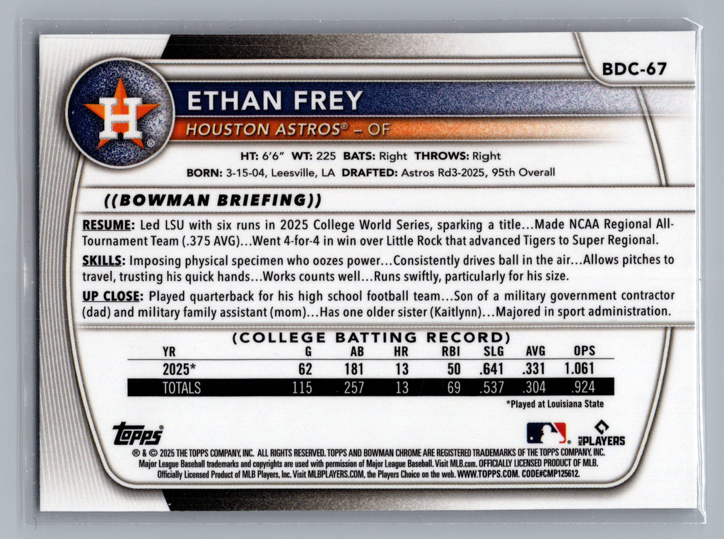2025 Bowman Draft #BDC-67 Ethan Frey Chrome
