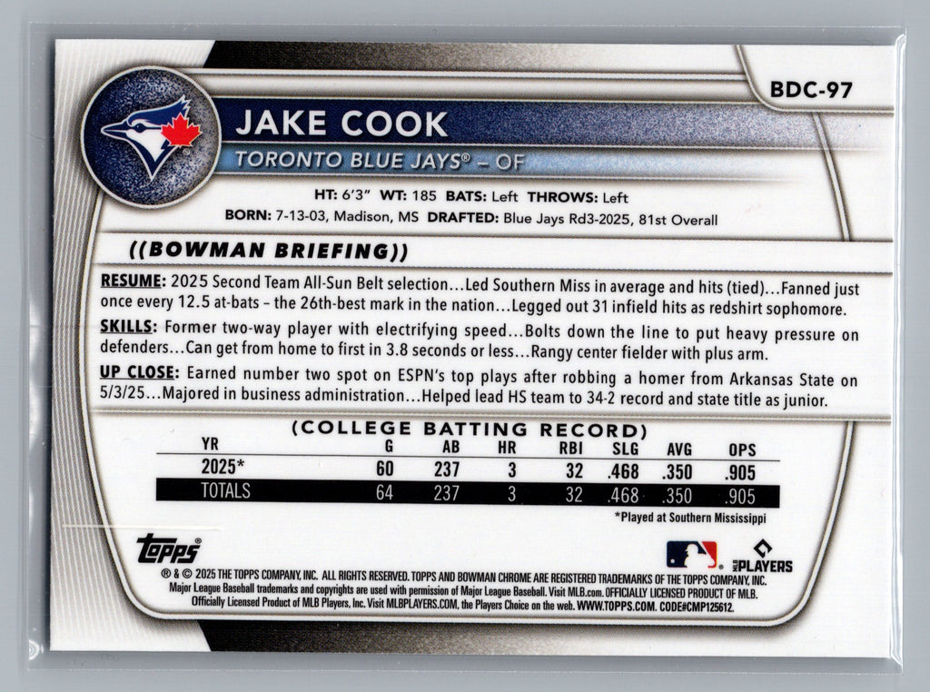 2025 Bowman Draft #BDC-97 Jake Cook Chrome Laser Refractor