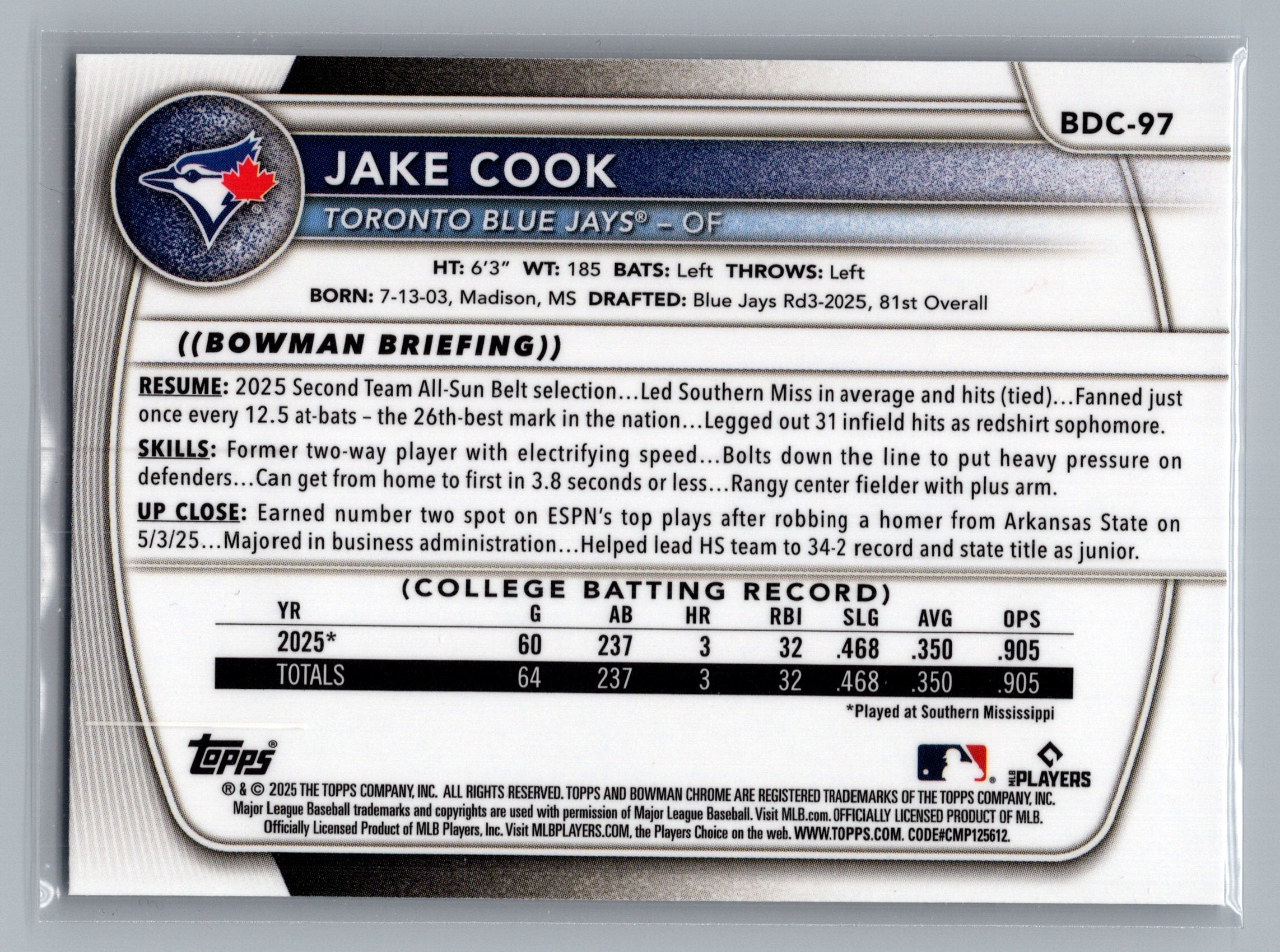 2025 Bowman Draft #BDC-97 Jake Cook Chrome Laser Refractor