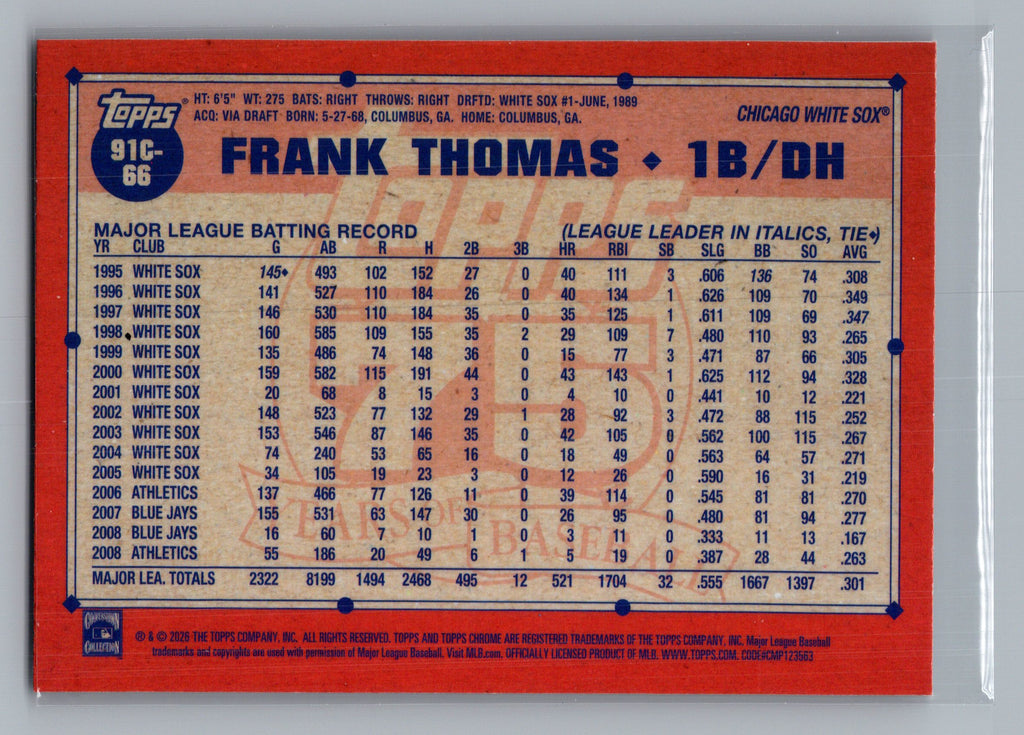 2026 Topps #91C-66 Frank Thomas 1991 Topps Baseball 35th Anniversary