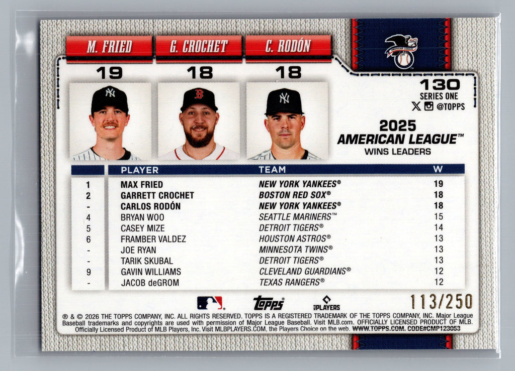 26 Topps #130 Am League Leaders Wins (Fried/Crochet /Rodon)#/250