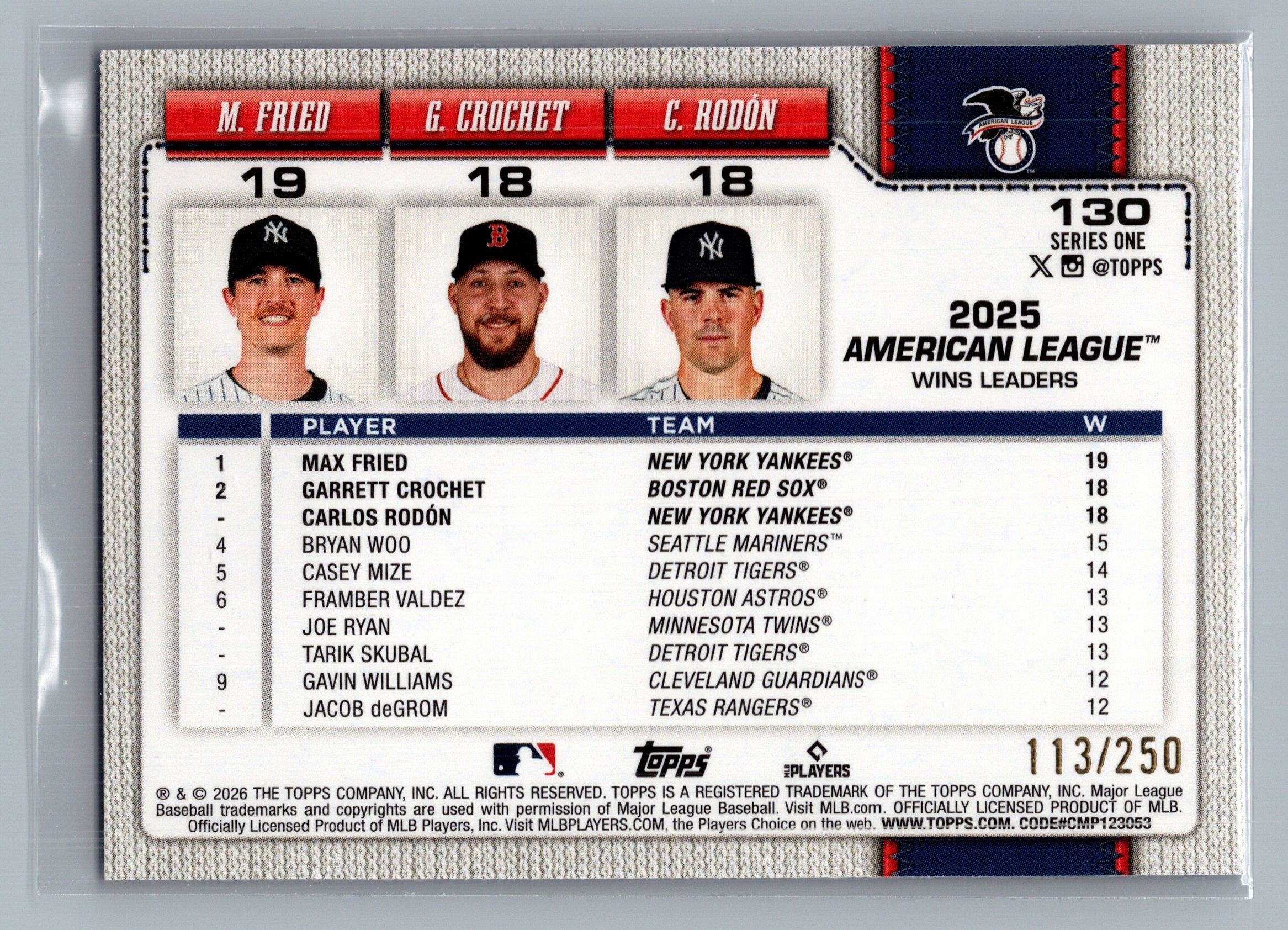 26 Topps #130 Am League Leaders Wins (Fried/Crochet /Rodon)#/250