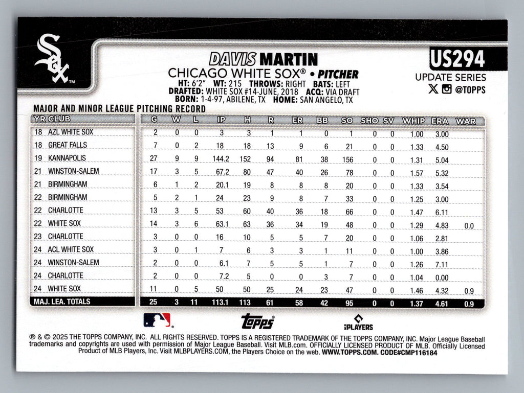 2025 Topps Update #US294 Davis Martin