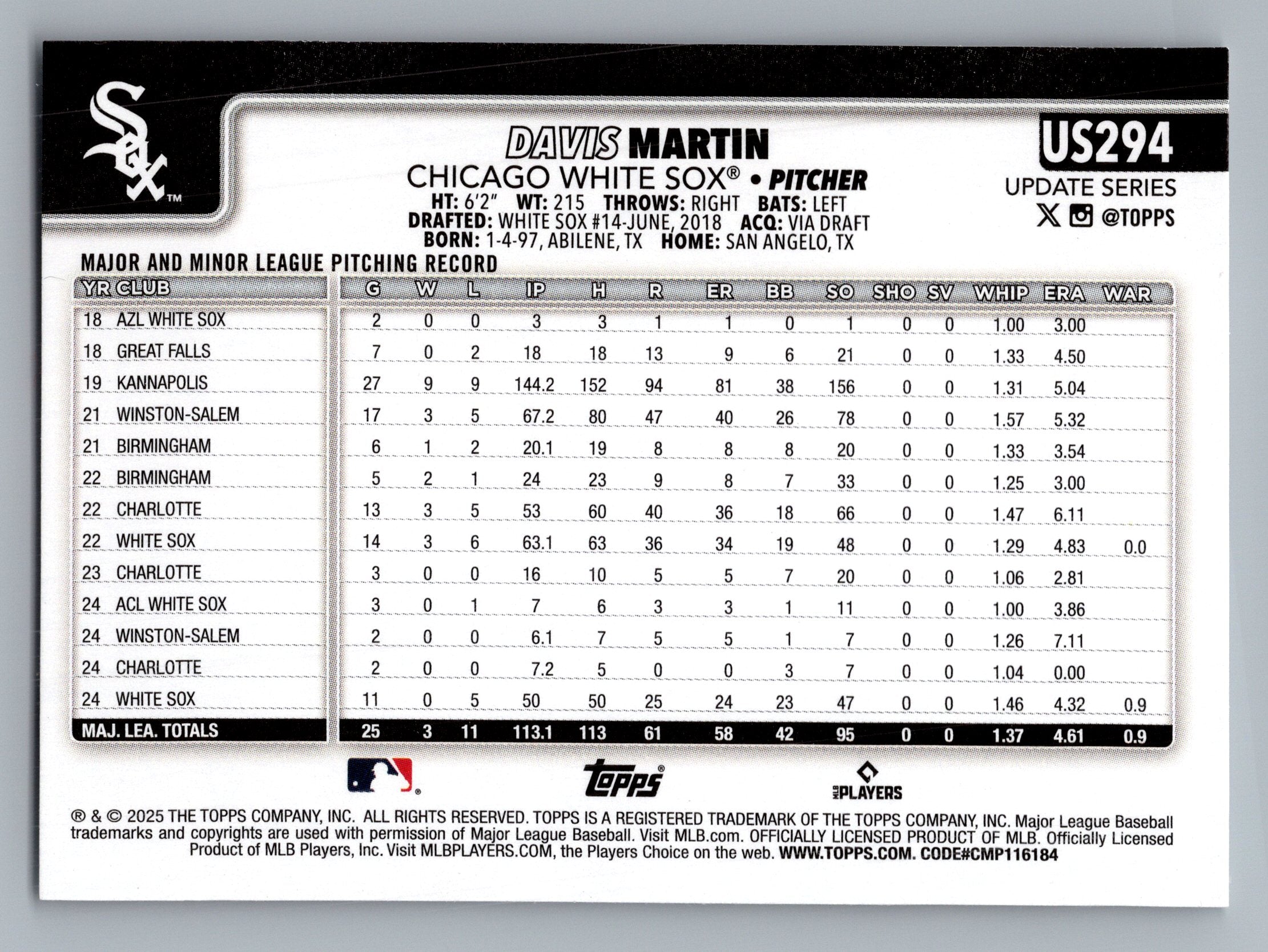 2025 Topps Update #US294 Davis Martin