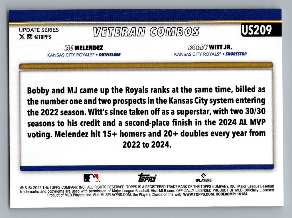 2025 Topps Update #US209 Young &amp; Hungry (MJ Melendez / Bobby Witt Jr.)