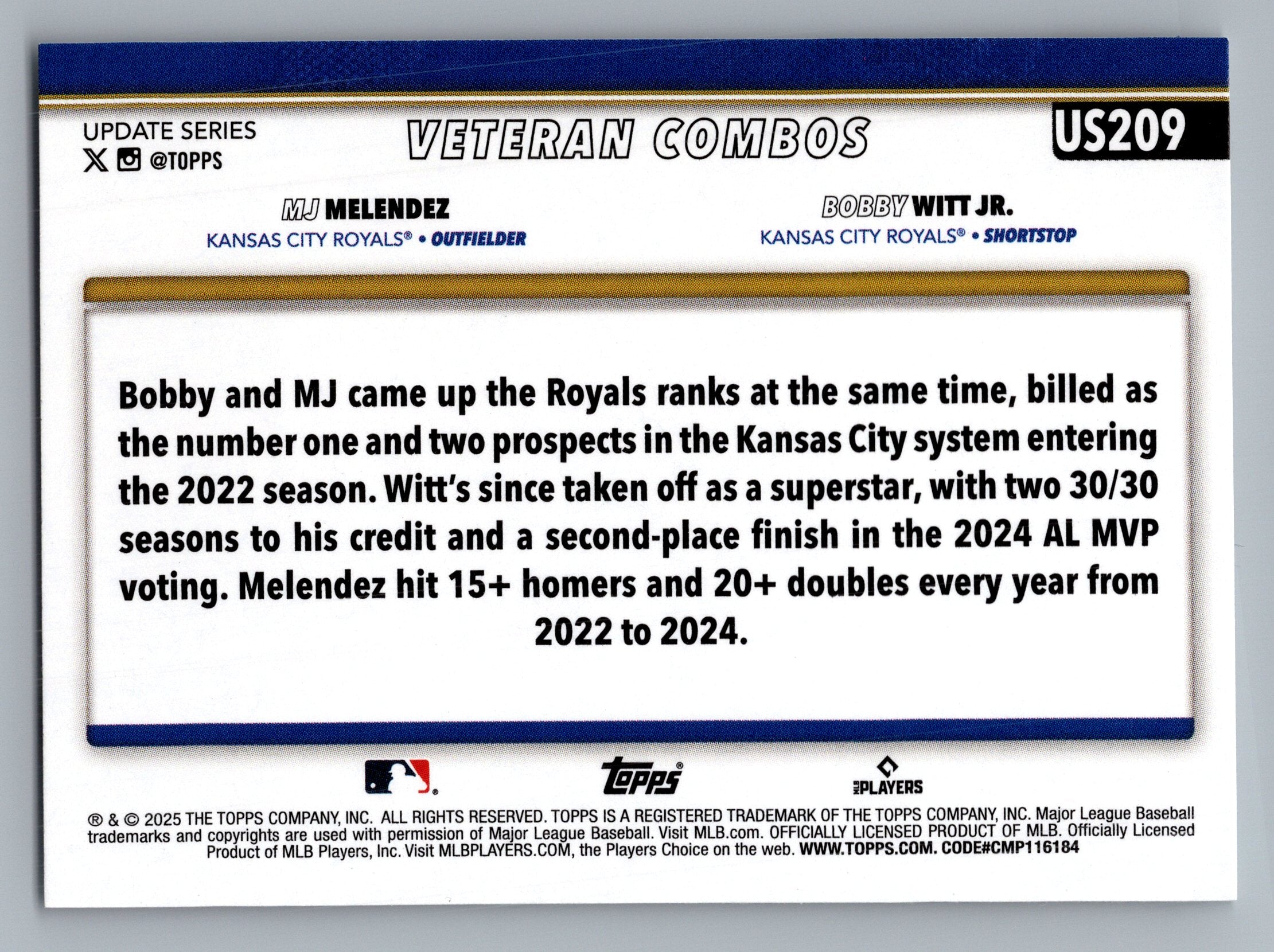 2025 Topps Update #US209 Young &amp; Hungry (MJ Melendez / Bobby Witt Jr.)
