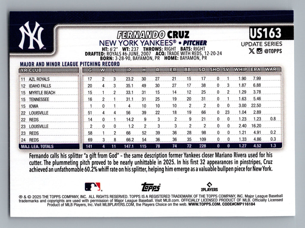 2025 Topps Update #US163 Fernando Cruz