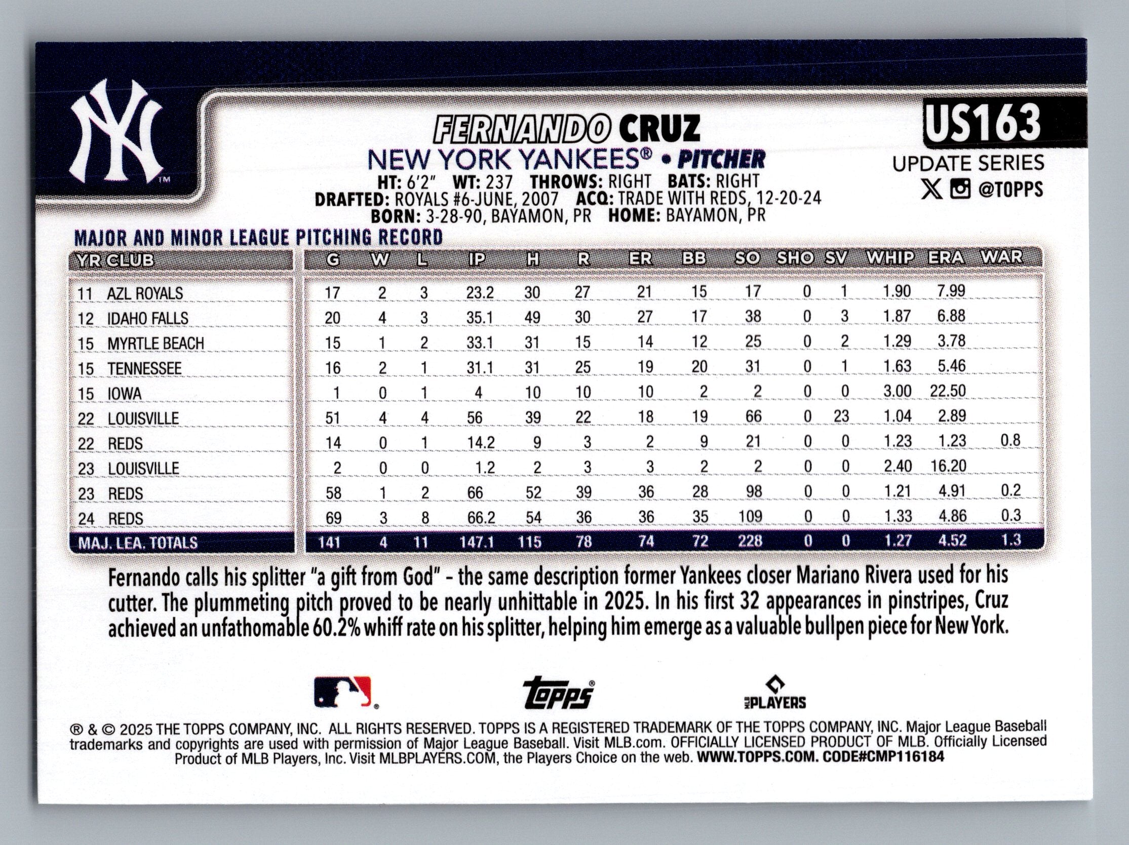 2025 Topps Update #US163 Fernando Cruz