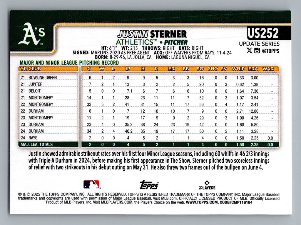 2025 Topps Update #US252 Justin Sterner