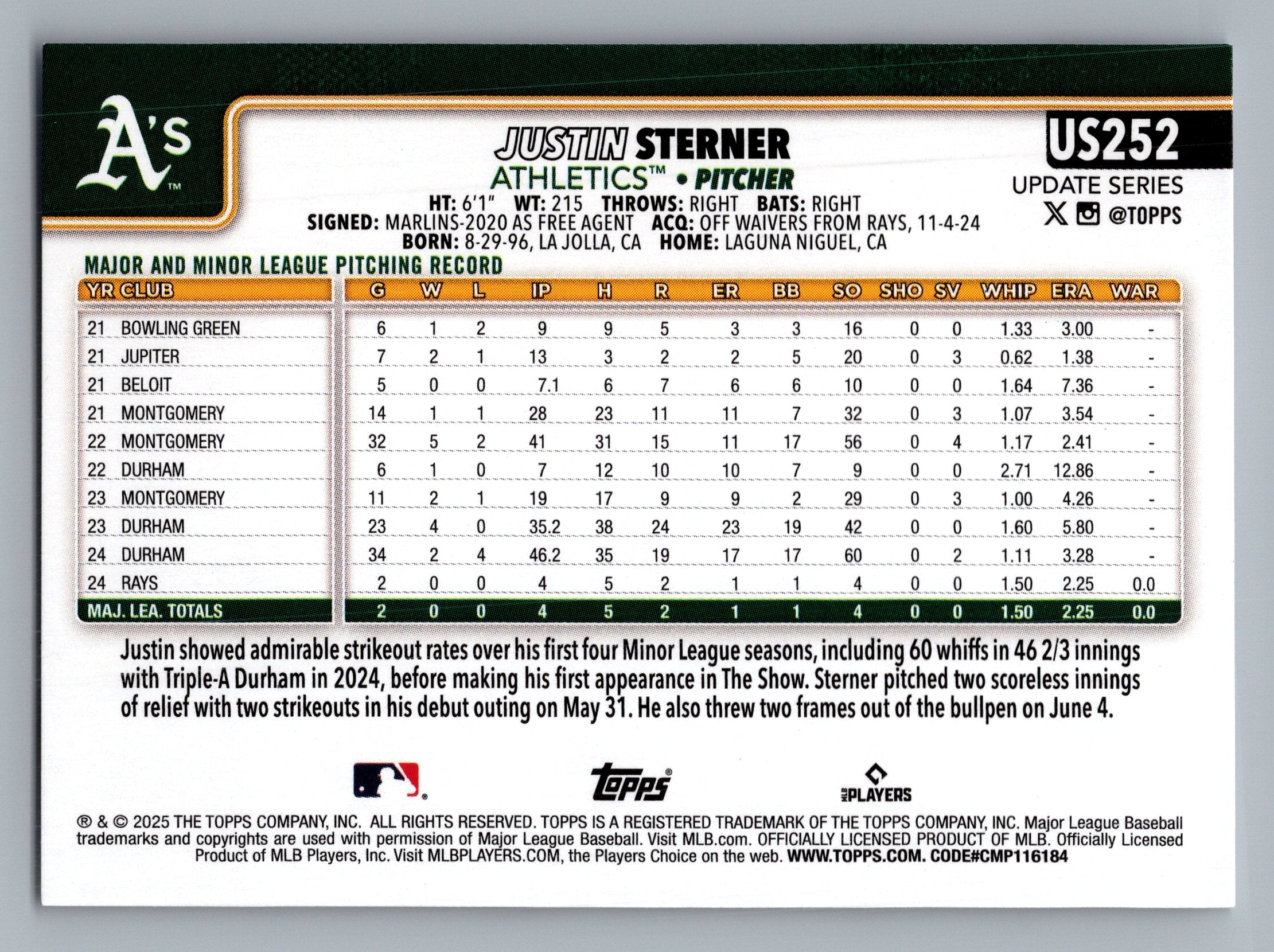 2025 Topps Update #US252 Justin Sterner
