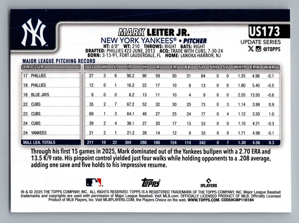 2025 Topps Update #US173 Mark Leiter Jr.
