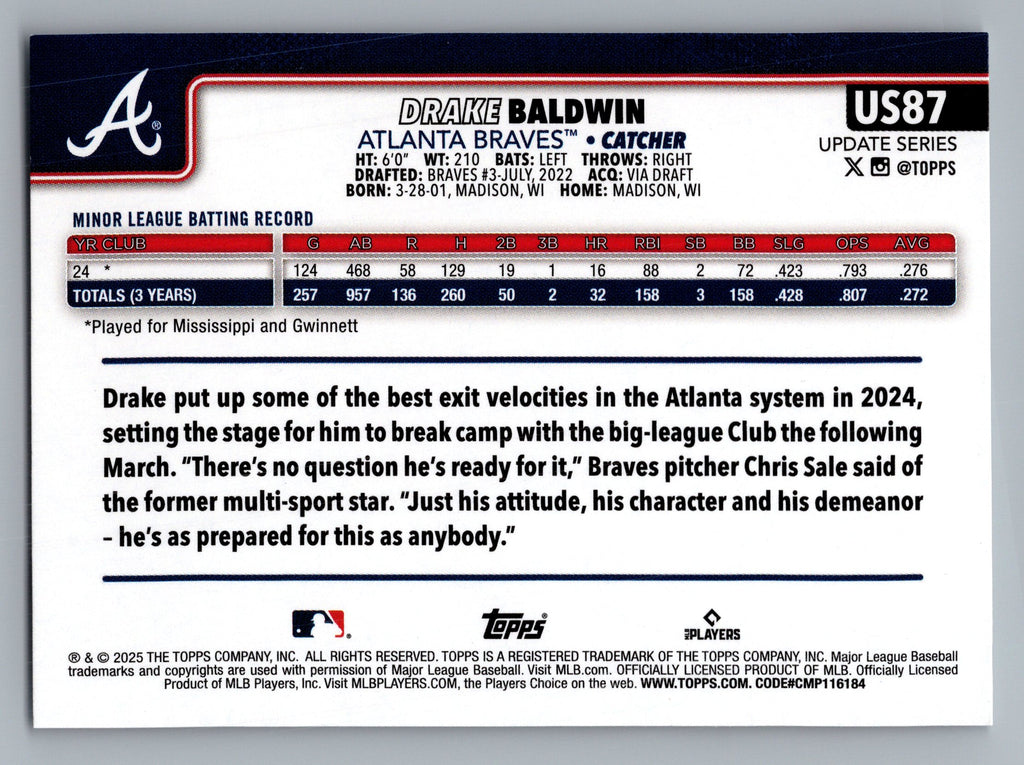2025 Topps Update #US87 Drake Baldwin